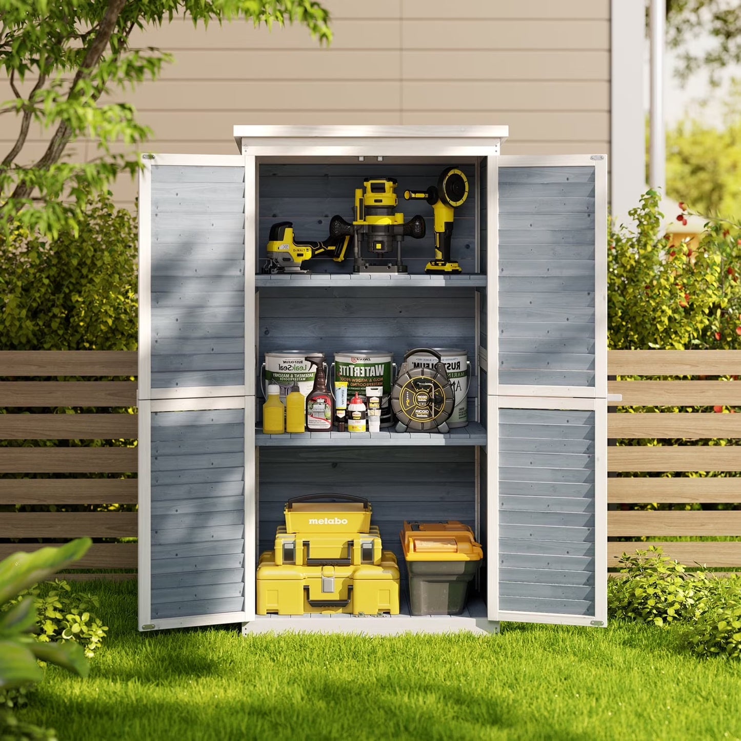 Asofer Outdoor Storage Cabinet, Garden Tool Shed with Removable Shelves & Asphalt Roof for Lawn, Patio, Natural