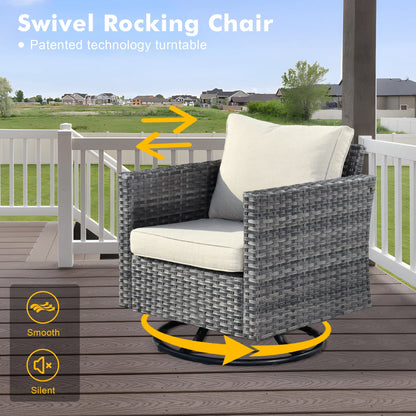 Ovios 6 Pieces Outdoor Patio Furniture Set with Gas Propane Fire Pit Table Wicker Outdoor Conversation Set with Swivel Rocking Chair for Backyard, Cushion Beige