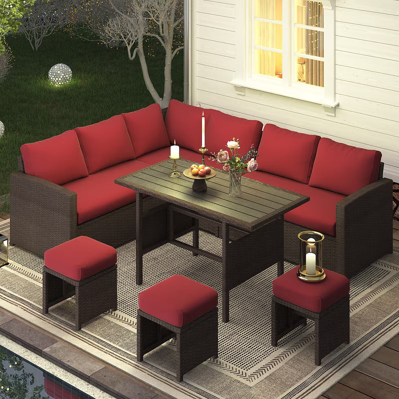AECOJOY 7 Piece Patio Furniture Set PE Rattan Outdoor Dining Set Sectional Sofa Couch with Table Patio Conversation Set in Gray