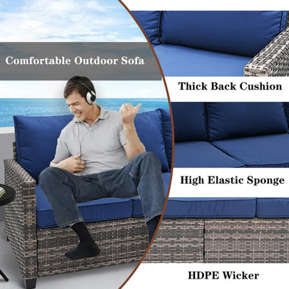 Decksplore All Weather Wicker Patio Couch, 3 Seats Patio Sofa with High Curvy Back, Premium Outdoor Sofa with Brown Wicker and Thick Cushions for Garden, Backyard, Porch Navy Blue