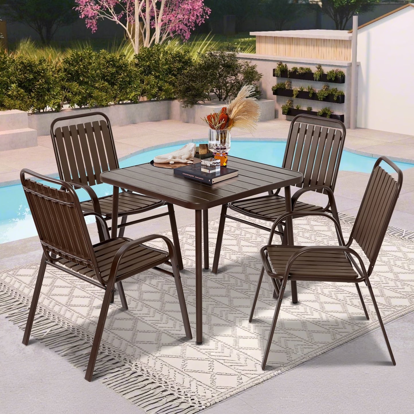Seizeen 7-Piece Outdoor Table and Chairs, Patio Table Set with 6 Rattan Chairs, All-weather Outdoor Patio Dining Sets Rectangular Metal Table with Acacia Wood Top, Umbrella Hole, Gray
