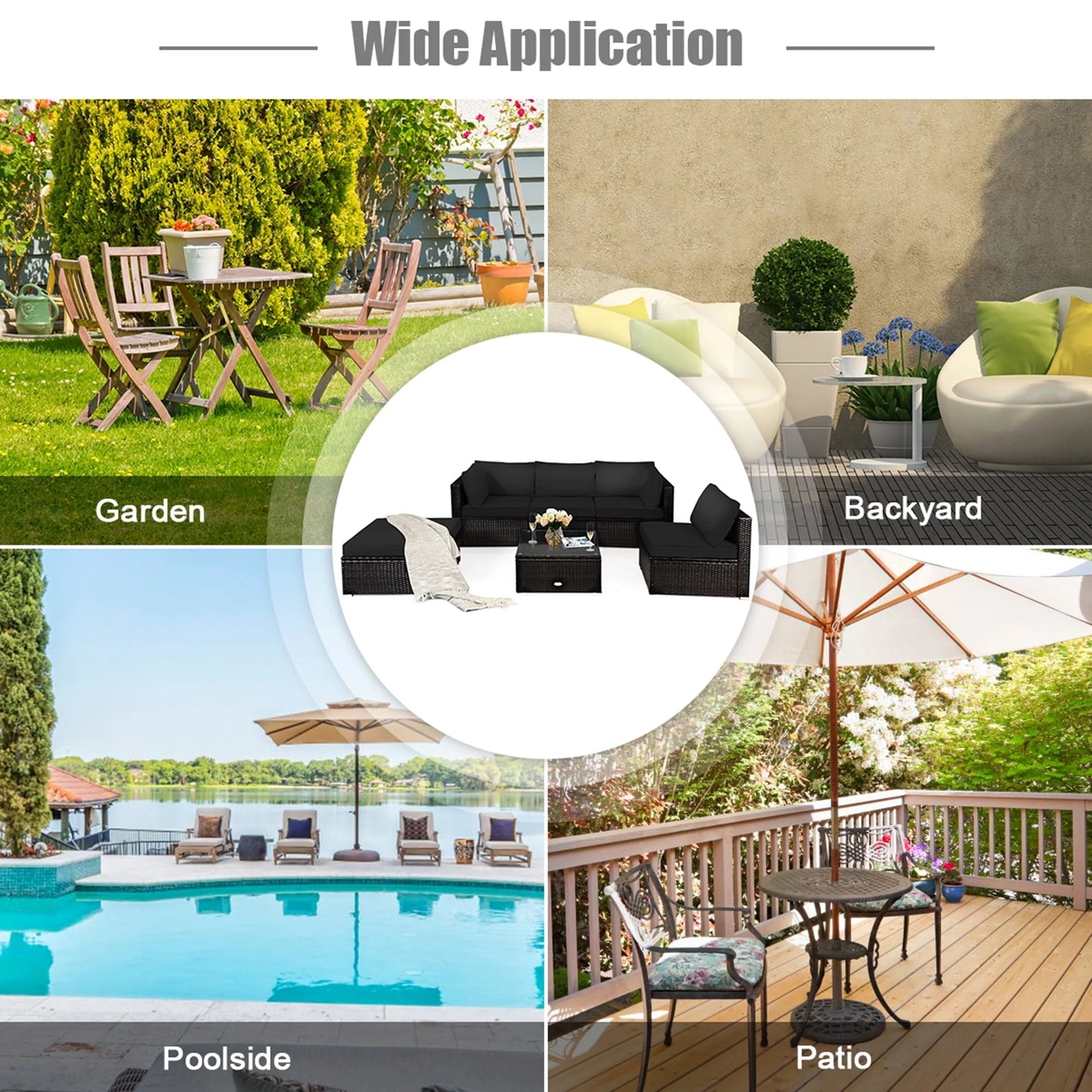 Gymax 6PCS Rattan Patio Sectional Sofa Set Outdoor Furniture Set w/Black Cushions