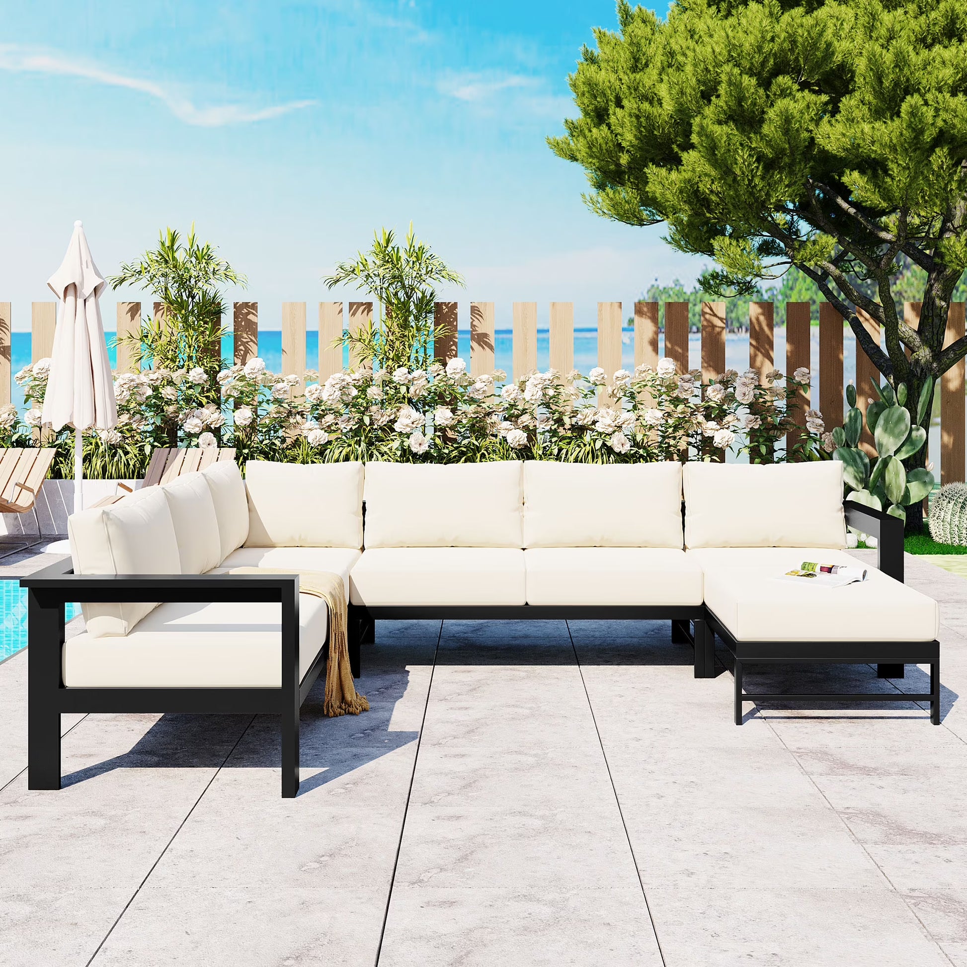 Furvclv 115.7in Modern Outdoor Sectional Sofa, 6 Seater Patio Conversation Couch Sets, U-Shaped Chaise Lounge Couch, Convertible Sofa Set For Outdoor Garden Porch