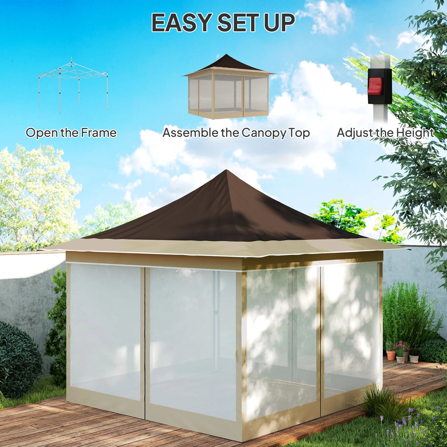 Homiyad 12' x 12' Canopy Tent with Mesh Netting, UPF50+ Pop Up Tent with Carry Bag for Garden, Patio, Brown