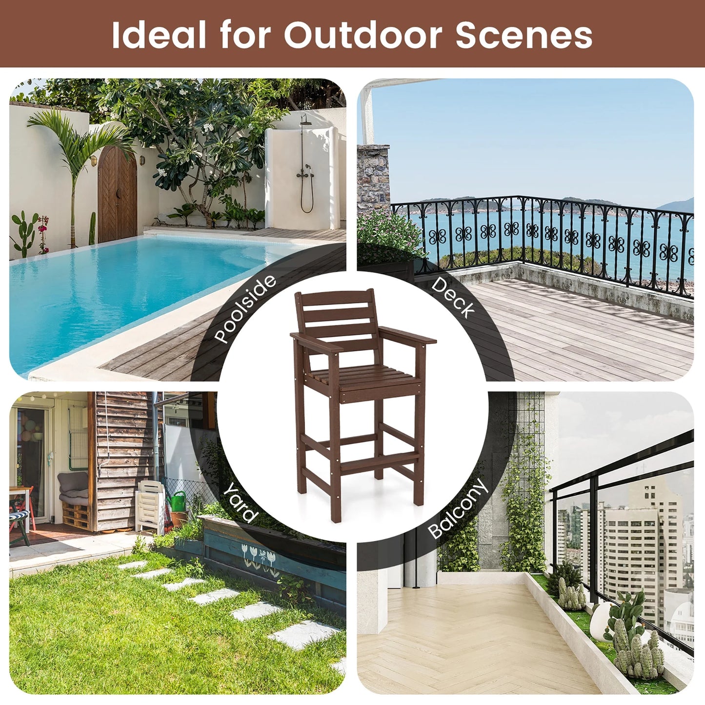 Gymax Patio Bar Stools Set of 4 Tall Adirondack Chair w/Backrest Armrests & Footrests Brown