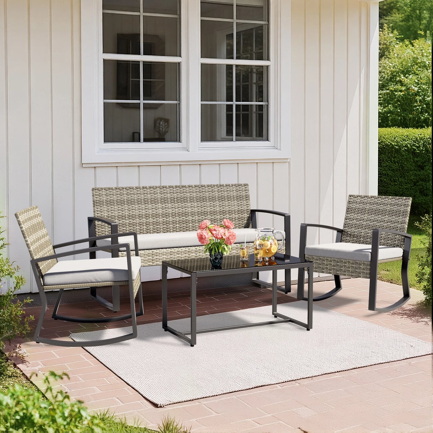 Lofka Patio Furniture Set, 4-Piece Outdoor Sectional Furniture Set with Coffee Table for Conversation & Dining, Gray Rattan