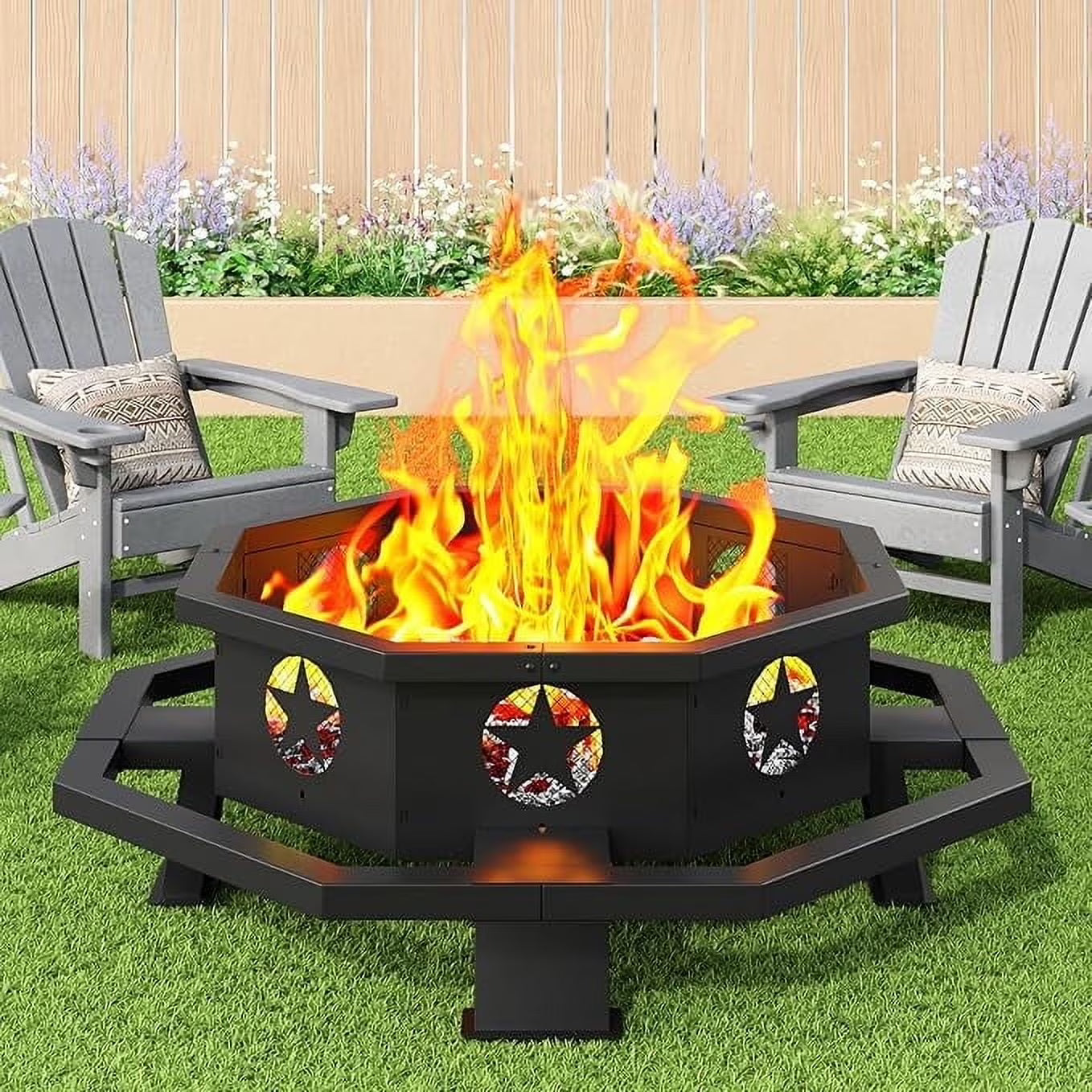 45 inch Extra Large Fire Pit, Outdoor Wood Burning Fire Pit for Outside Octagonal Heavy Duty Firepit for Camping, Backyard, Patio, Black