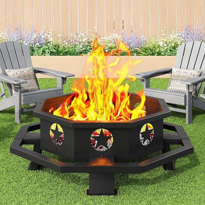 45 inch Extra Large Fire Pit, Outdoor Wood Burning Fire Pit for Outside Octagonal Heavy Duty Firepit for Camping, Backyard, Patio, Black