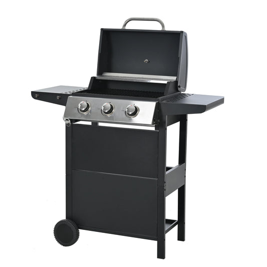 3 Burner BBQ Propane Gas Grill, Stainless Steel 30,000 BTU Patio Garden Barbecue Grill with Two Foldable Shelves