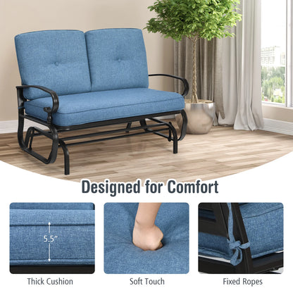 Costway Glider Outdoor Patio Rocking Bench Loveseat Cushioned Seat Steel Frame Blue