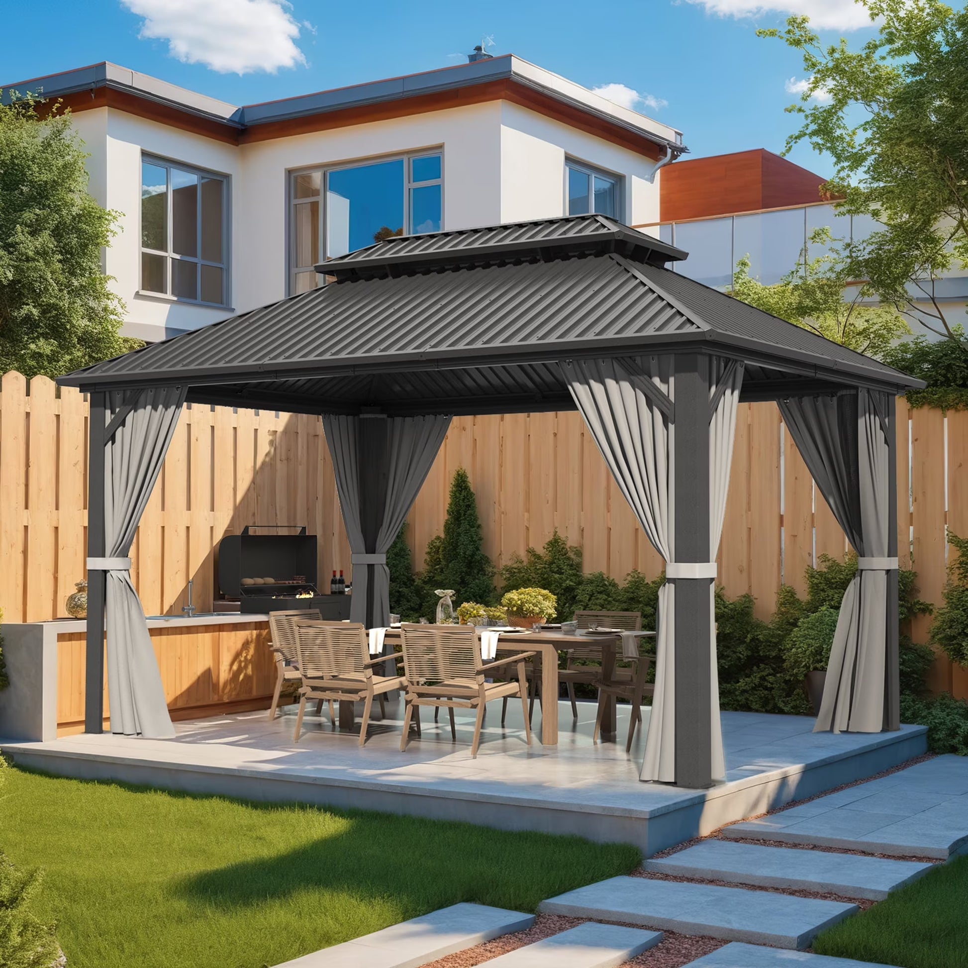 MUCHANT 10'x12' Hardtop Gazebo with Aluminum Frame, Permanent Outdoor Pavilion Metal Gazebo with Galvanized Steel Double Roof & Mosquito Netting and Curtains for Patios, Gardens, Lawns, Gray
