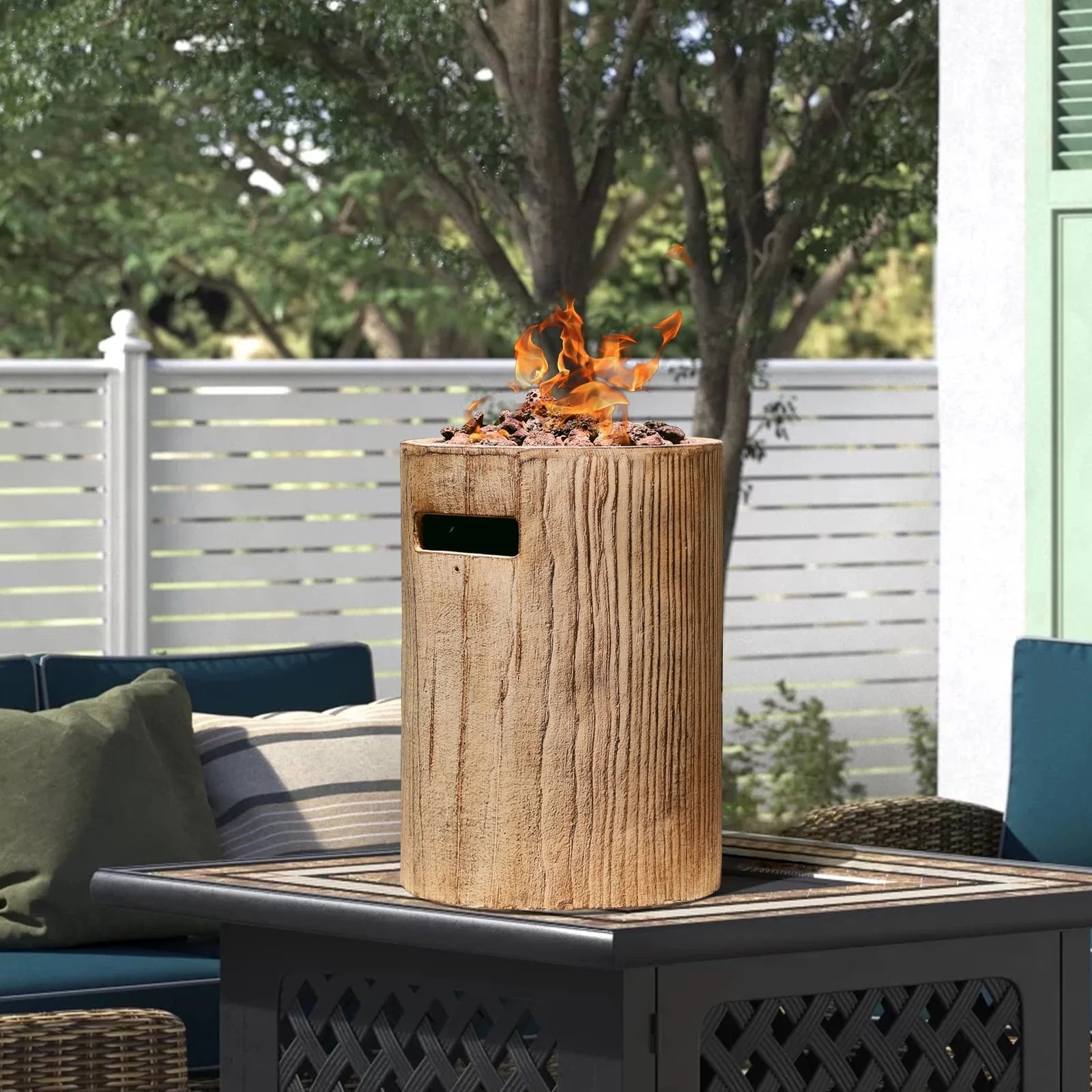 Tabletop Fireplace Small Propane Fire Pit, Patio Outdoor 10inch Portable Concrete Tabletop Gas Fire Bowl, Round-Wood Pattern Brown