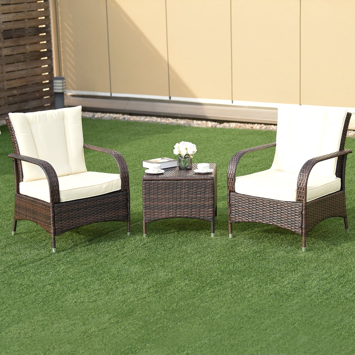 Topbuy 3 Pieces Outdoor Patio Rattan Conversation Set Garden Lawn Wicker Sofas