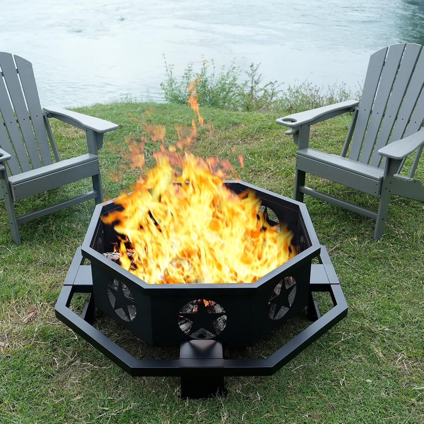 45 inch Extra Large Fire Pit, Outdoor Wood Burning Fire Pit for Outside Octagonal Heavy Duty Firepit for Camping, Backyard, Patio, Black