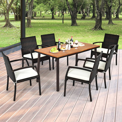 Gymax Rectangle Patio Outdoor Dining Table Acacia Wood Tabletop w/2'' Umbrella Hole