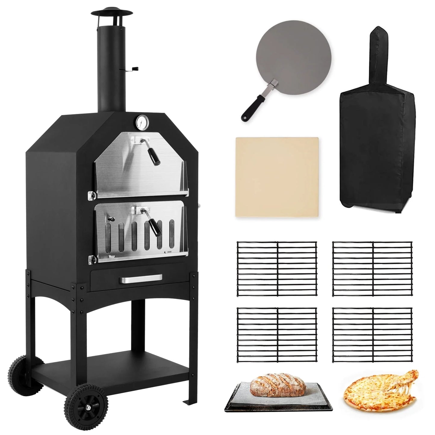 Outdoor Pizza Oven Wood Fired Pizza Oven Patio Portable Pizza Maker Cooking Grill with Wheels Waterproof Cover