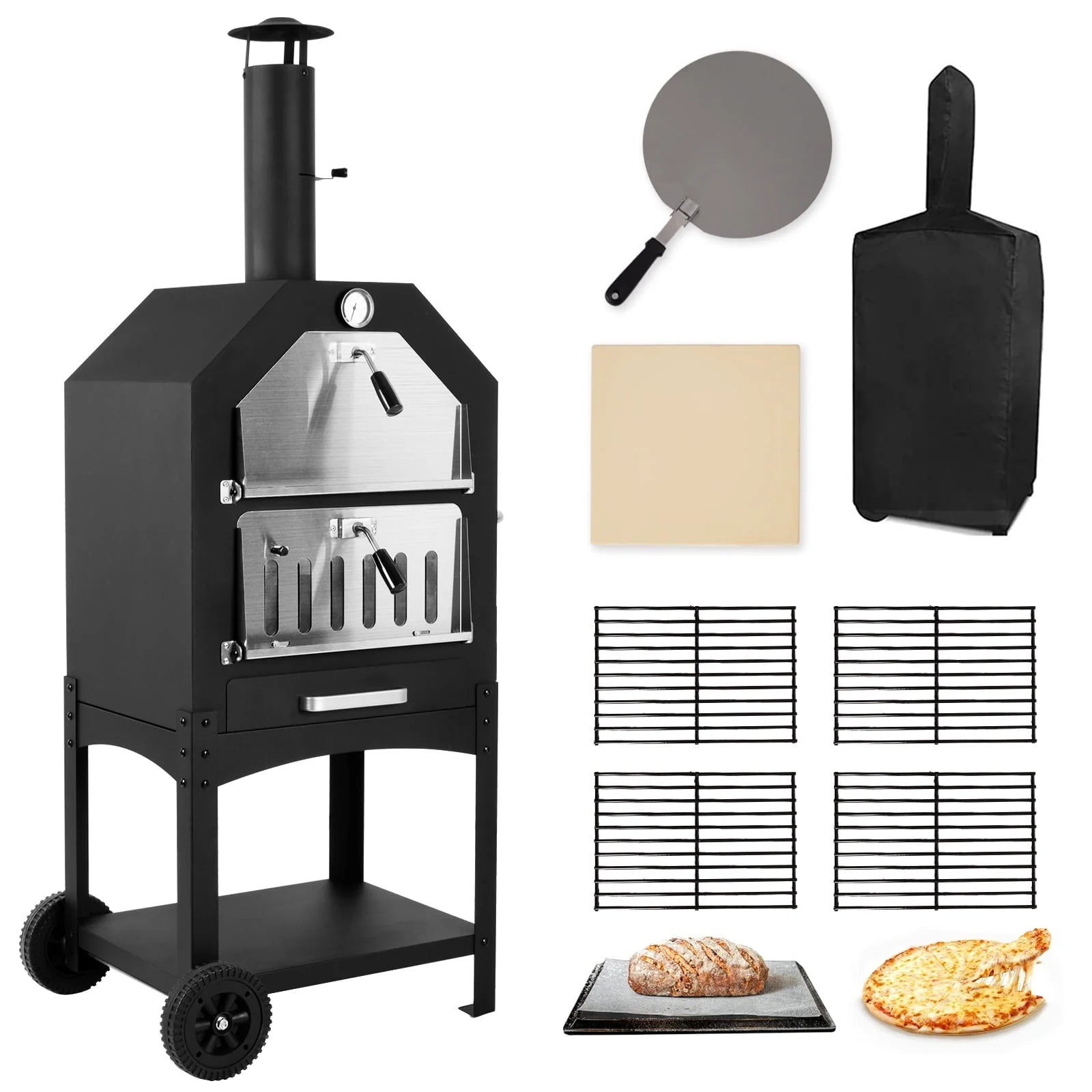 Outdoor Pizza Oven Wood Fired Pizza Oven Patio Portable Pizza Maker Cooking Grill with Wheels Waterproof Cover