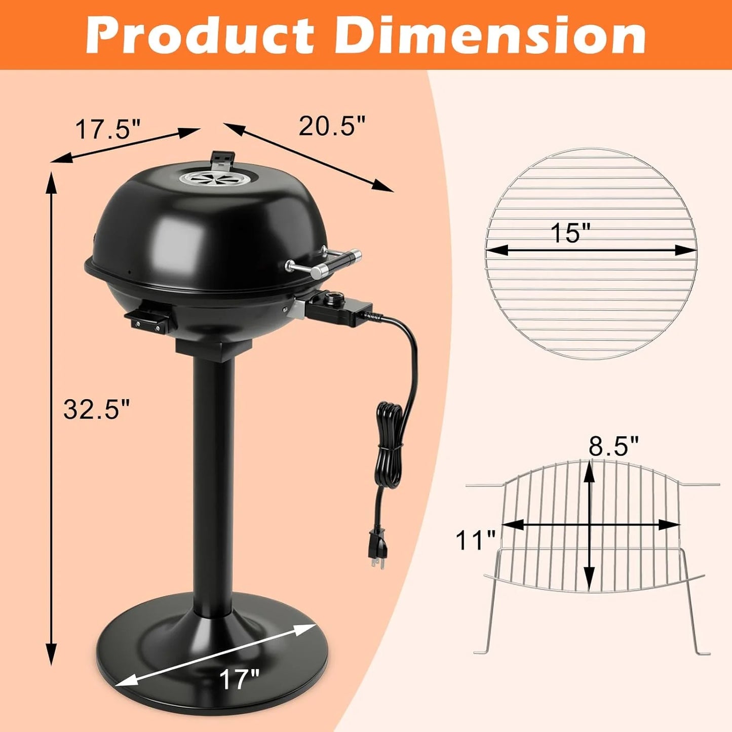 ORALNER Electric BBQ Grill with Stand, Warming Rack & Drip Tray, 15-Serving Electric Griddle Indoor & Outdoor Cooking Grilling Portable Patio Grill, for Balcony, Garden, Apartment, 1600W (Black)