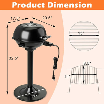 ORALNER Electric BBQ Grill with Stand, Warming Rack & Drip Tray, 15-Serving Electric Griddle Indoor & Outdoor Cooking Grilling Portable Patio Grill, for Balcony, Garden, Apartment, 1600W (Black)