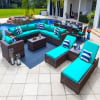 Tuscany 21-Piece Resin Wicker Outdoor Patio Furniture Combination Set with Sectional Set, Eight-seat Dining Set, and Chaise Lounge Set (Half-Round Brown Wicker, Polyester Light Gray)