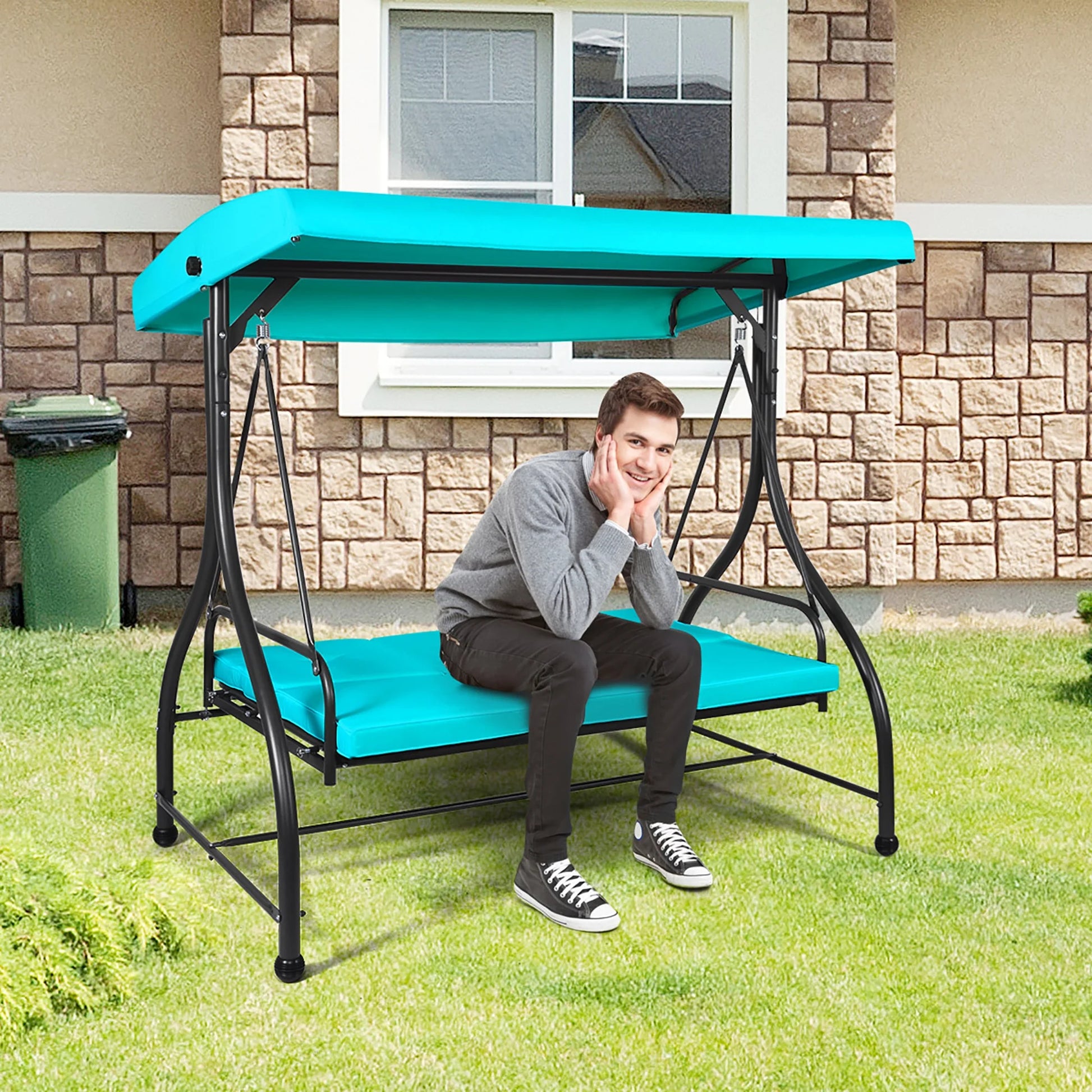 Costway Converting Outdoor Swing Canopy Hammock 3 Seats Patio Deck Furniture Turquoise