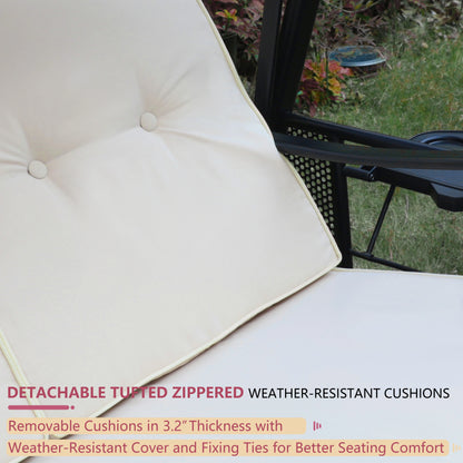 VEIKOUS 3-Seat Porch Swing Glider Outdoor with Adjustable Canopy and Side tables for Patio, Beige