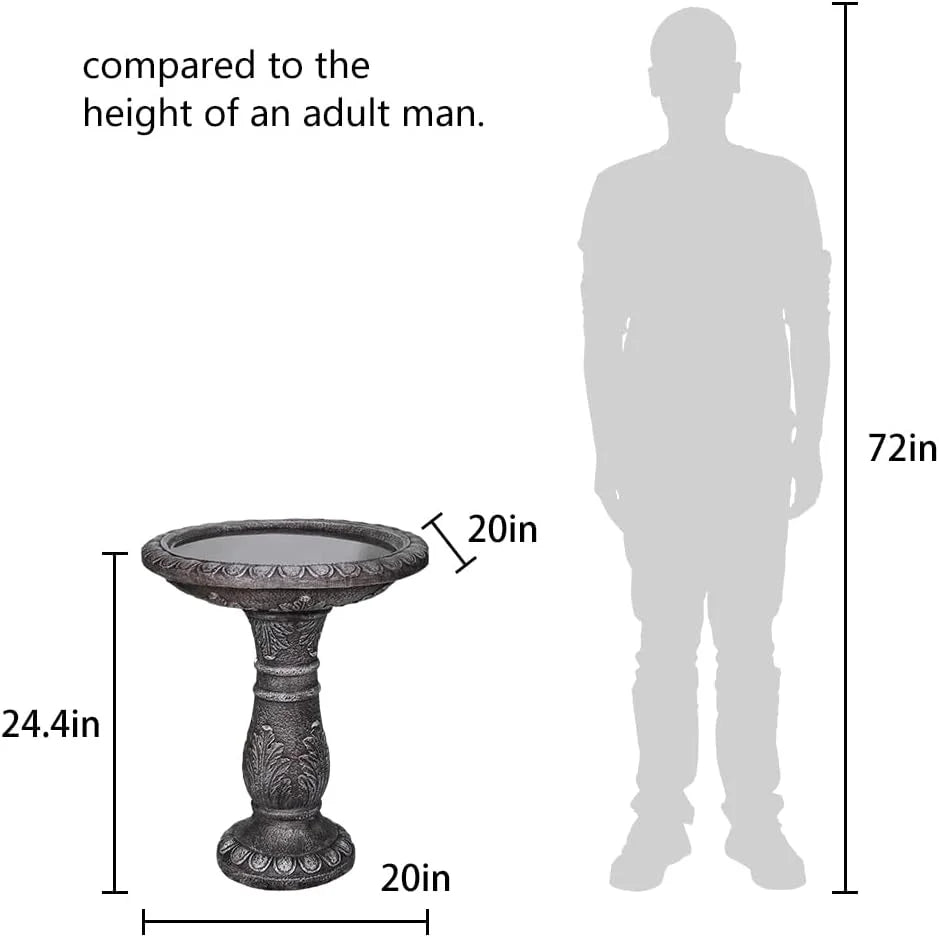 24.4" H Cement Bird Bath for Garden- Fibre Reinforced Concrete Bird Baths for Outdoors, Large Size Vintage Carved Pedestal Birdbath for Patio, Yard, Lawn -20 in. Dia. X 24.4 in. H Bird Fountain