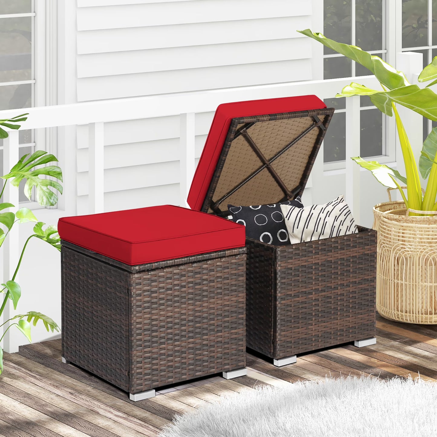 Gymax 2PCS Outdoor Patio Ottomans Hand-Woven PE Wicker Footstools w/Removable Cushions Grey