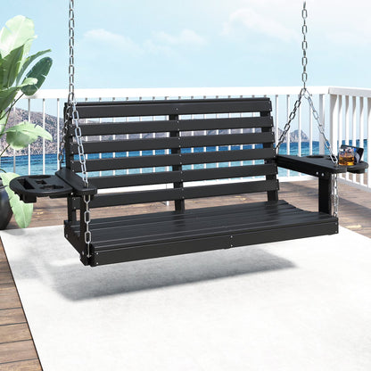 FOOWIN Outdoor Porch Swing, HDPE Patio Hanging Porch Swing with Cup Holder, Black