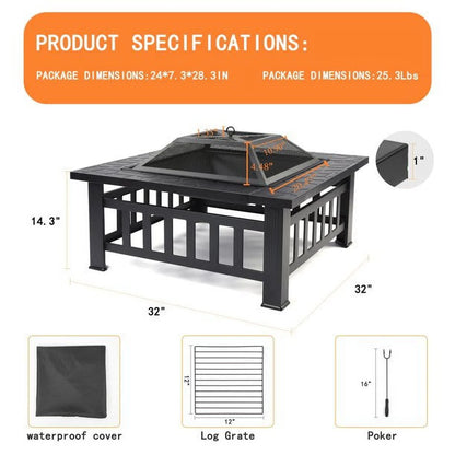 Fire Pits for Outside, DFITO 32" Wood Burning Fire Pit Tables with Screen Lid, Poker, Outdoor Fire Pit Patio Set, Patio Garden Stove Fire Pit/Ice Pit/BBQ Fire Pit, Black, GJ131