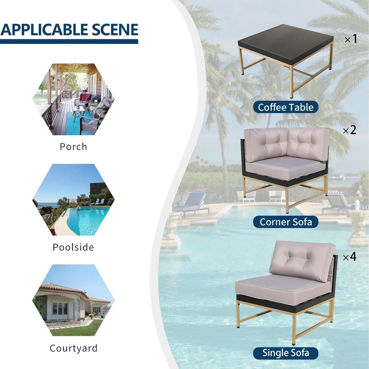 Patio Outdoor Furniture Sets, 7 Pieces All-Weather Rattan Sectional Sofa with Tea Table and Cushions, PE Rattan Wicker Sofa Couch Conversation Set for Garden Backyard Poolside