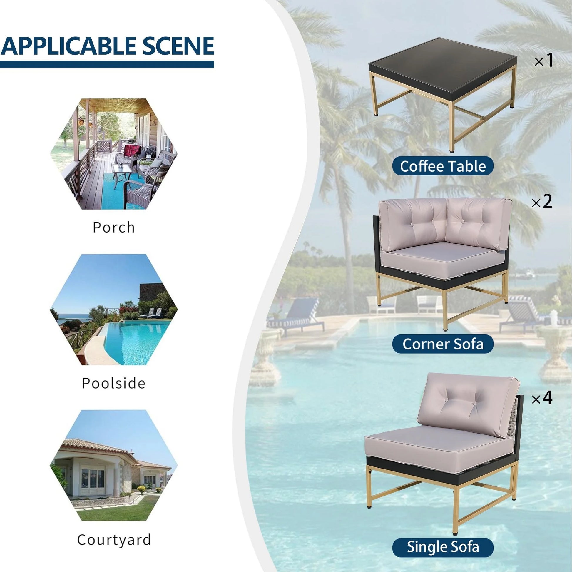 Patio Outdoor Furniture Sets, 7 Pieces All-Weather Rattan Sectional Sofa with Tea Table and Cushions, PE Rattan Wicker Sofa Couch Conversation Set for Garden Backyard Poolside