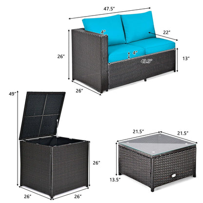 Gymax 8PCS Cushioned Rattan Patio Conversation Set w/Side Table Turquoise Cushion