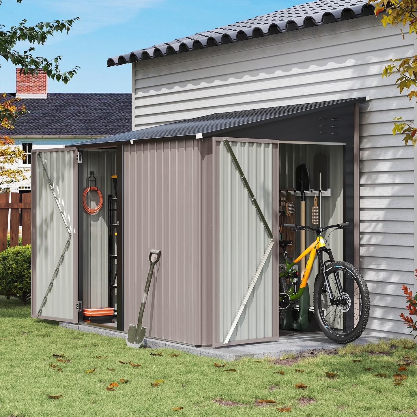 Aoxun 6' x 4' Storage Shed Lean to Storage Shed, Outdoor Metal Wall Side Storage Sheds, Outdoor Storage Cabinet for Patio, Garden, Lawn (Brown)