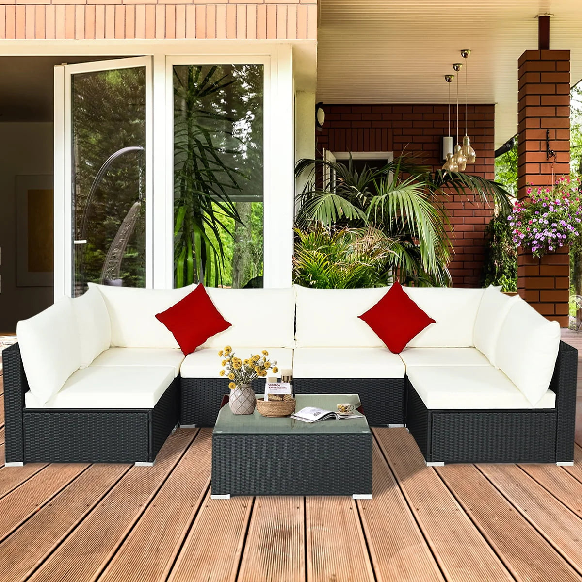 Gymax 7PCS Rattan Patio Conversation Sectional Furniture Set w/Cushion Pillow