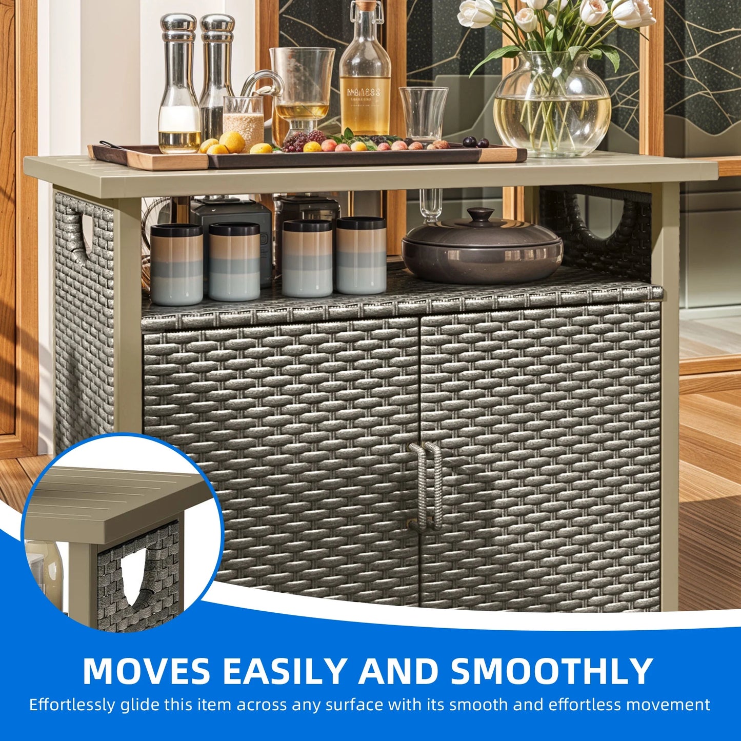 Dextrus Outdoor Patio Wicker Bar Counter Table, Wicker Storage Cabinet with with 2 Doors and Shelves, Wicker Bar Table,Deck Box - Brown