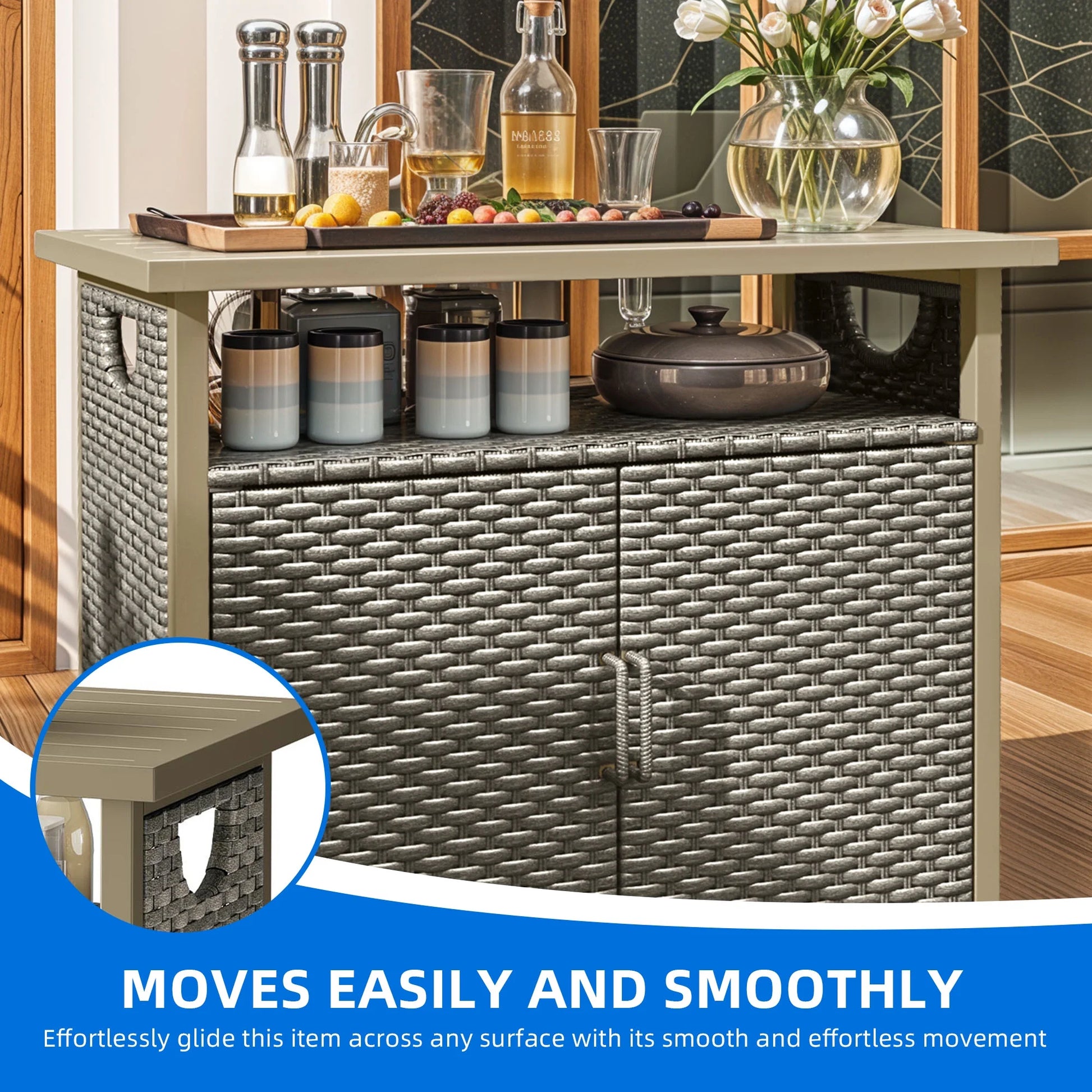 Dextrus Outdoor Patio Wicker Bar Counter Table, Wicker Storage Cabinet with with 2 Doors and Shelves, Wicker Bar Table,Deck Box - Brown