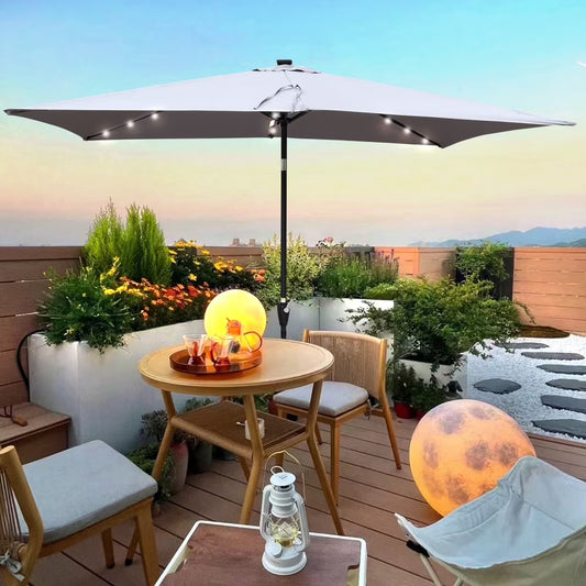 10 x 6.5t Patio Umbrella,Rectangular Picnic Table Umbrella,6-8 Chairs Tilt Umbrella with 26 LED Lights,Waterproof Umbrella Sunshade with Crank and Push Button Tilt for Garden Backyard Pool,LIGHT GREY