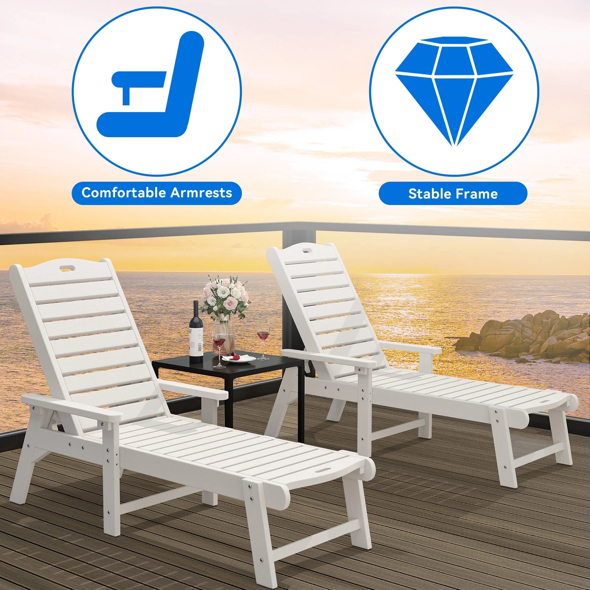 Dextrus Outdoor Chaise Lounge Chair with Wide Armrest and Adjustable Backrest, Waterproof Resin Patio Lounger with 350lbs Capacity