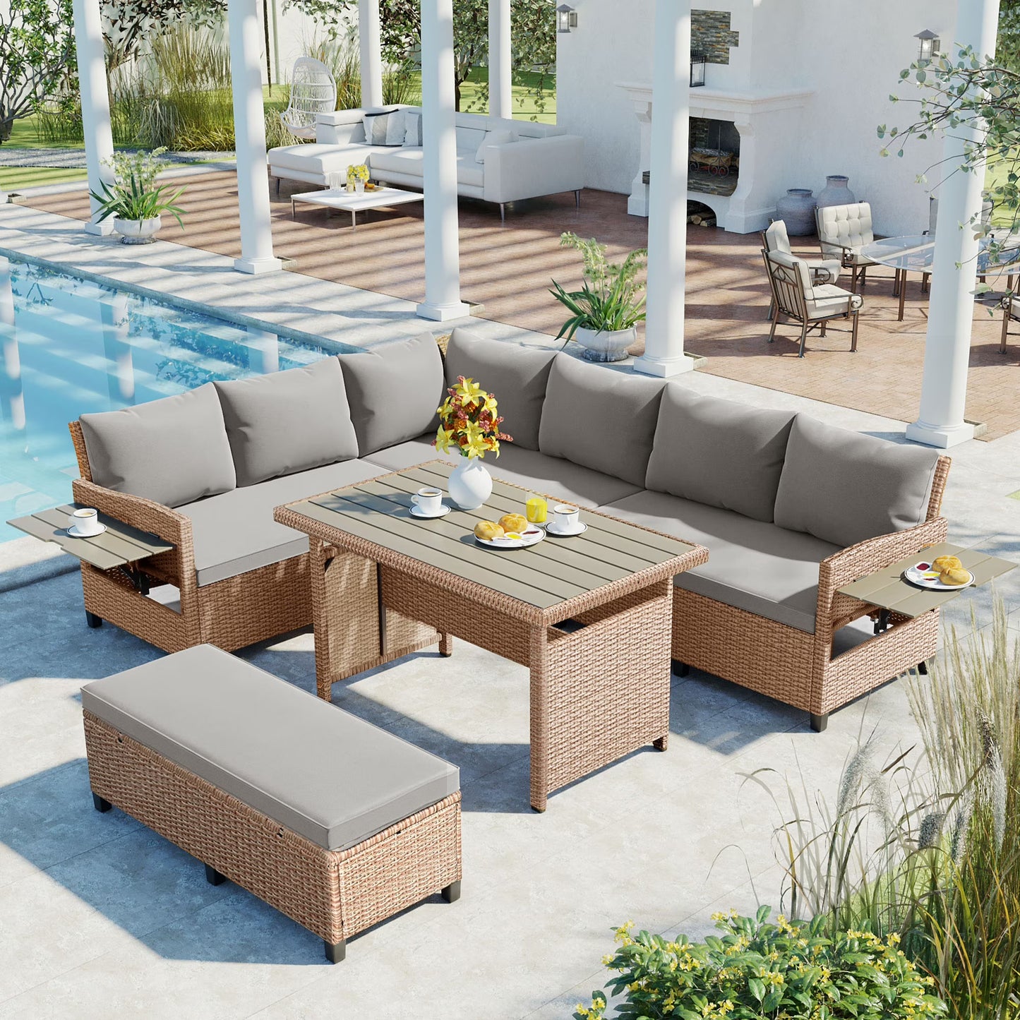 Harper & Bright Designs Outdoor Rattan Sectional Sofa Set with Dining Table, Patio L-Shaped Wicker Conversation Set with 2 Extendable Side Tables, Brown