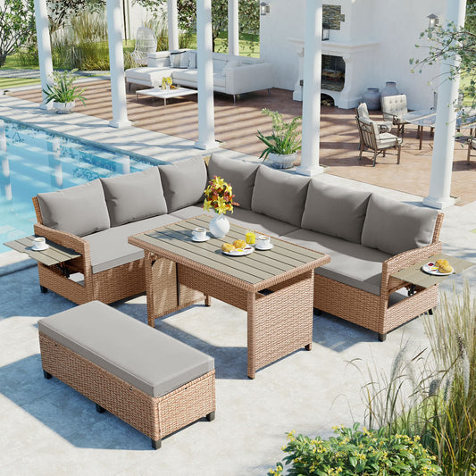 Harper & Bright Designs Outdoor Rattan Sectional Sofa Set with Dining Table, Patio L-Shaped Wicker Conversation Set with 2 Extendable Side Tables, Brown