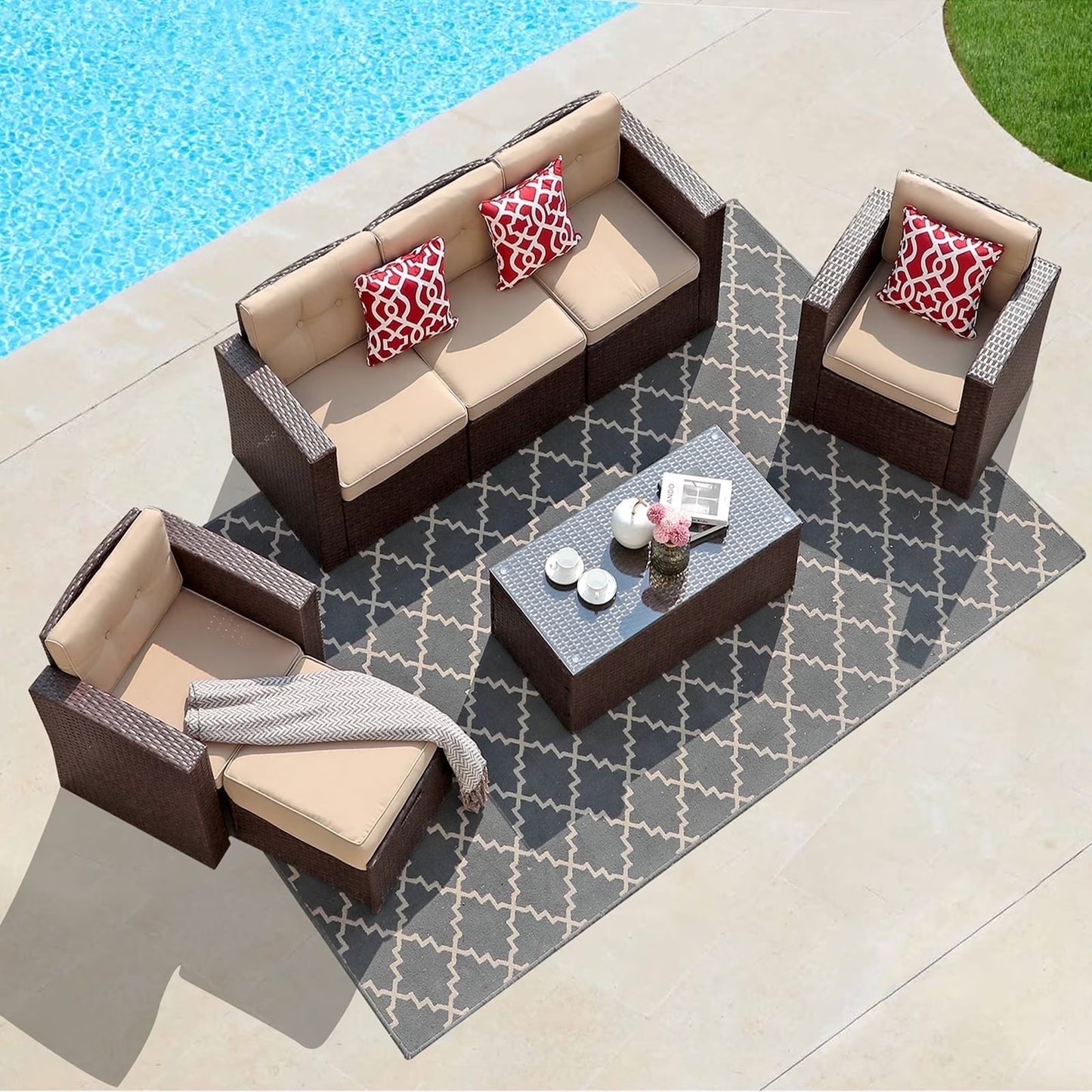 JOIVI 8 Pc Outdoor Furniture Set with Storage Box, Wicker Rattan Patio Conversation Set with Sectional Sofa Couch for 6 People, Espresso Brown
