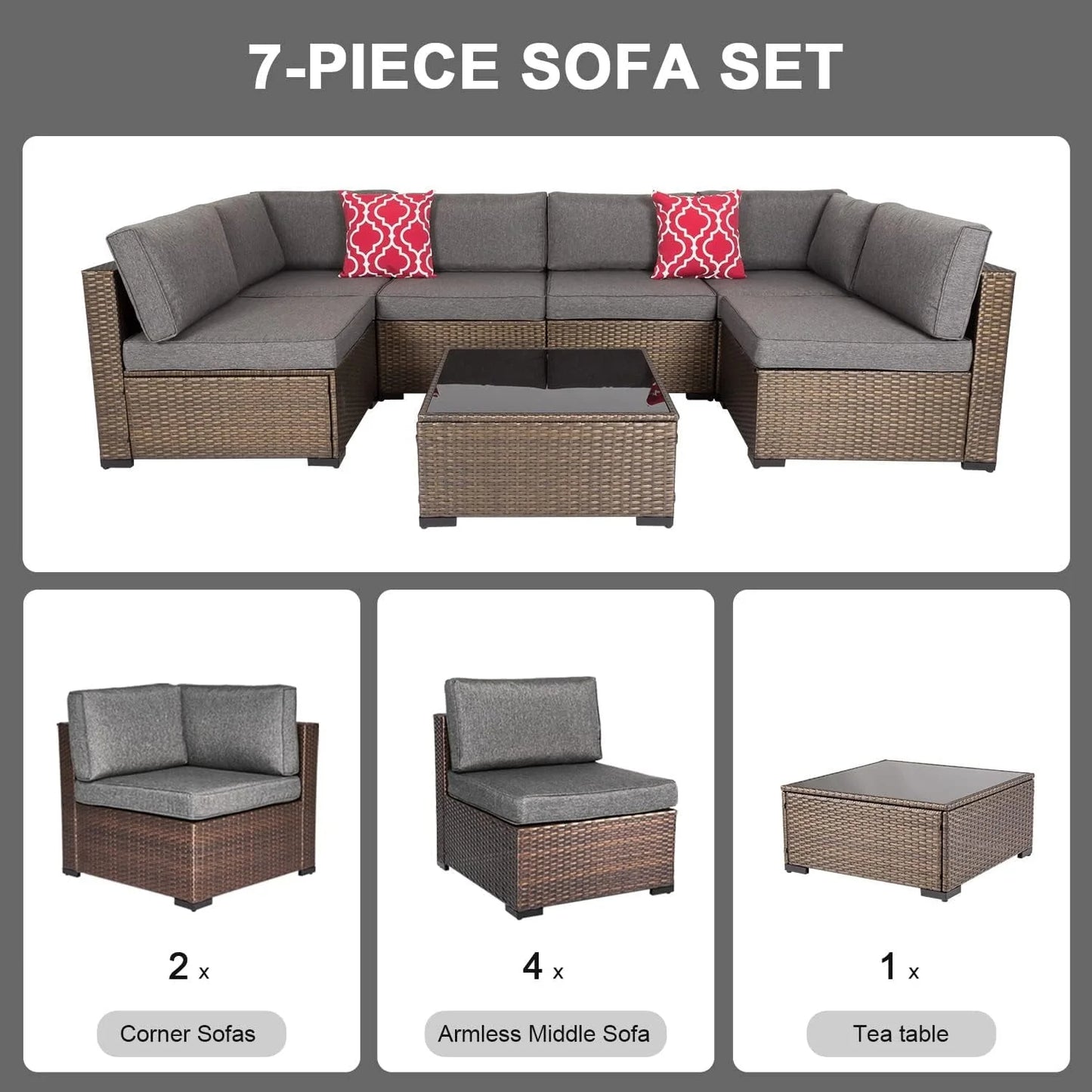 Kinbor 7Pcs Outdoor Furniture Set Wicker Sectional Sofa, Patio Conversation Sofa with Gray Cushion