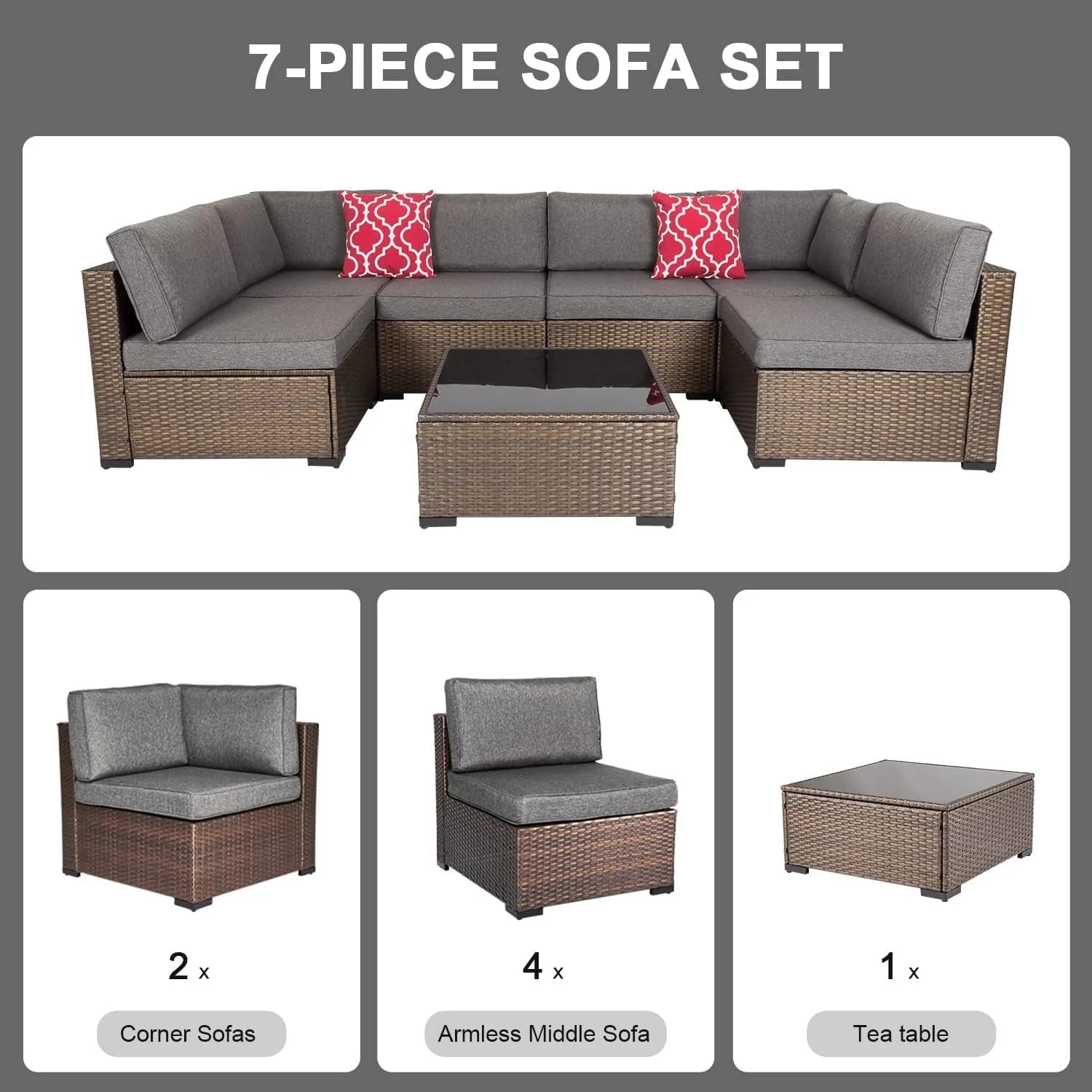 Kinbor 7Pcs Outdoor Furniture Set Wicker Sectional Sofa, Patio Conversation Sofa with Gray Cushion