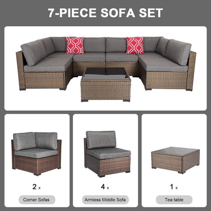 Kinbor 7Pcs Outdoor Furniture Set Wicker Sectional Sofa, Patio Conversation Sofa with Gray Cushion
