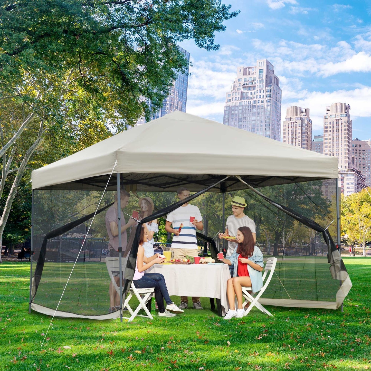 Outsunny 10' x 10' Pop Up Canopy Tent, Tents for Parties with Netting and Wheeled Carry Bag, Height Adjustable Instant Sun Shelter, for Outdoor, Garden, Patio, Beige