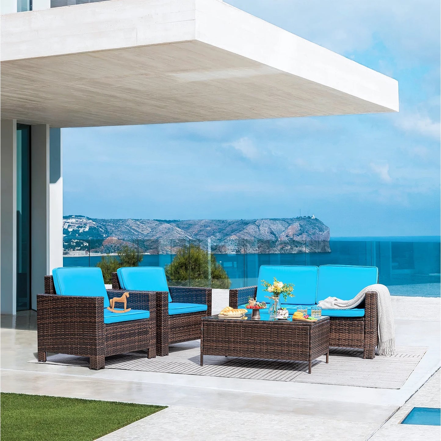 Lacoo 4 Pieces Patio Furniture Sets Rattan Chair Wicker Conversation Sofa Set Outdoor Tble and Chairs for Backyard Porch Garden Poolside Balcony, White
