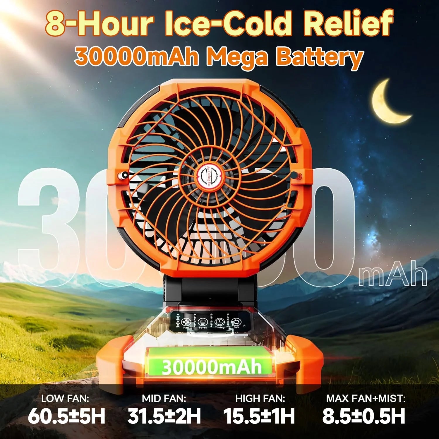 Portable Misting Fan - 30000mAh Battery Powered, 4-Speed Cooling Fan with Adjustable Spray, 120? Oscillation for Camping, Patio, Adjustable Base for 10-13in Water Tank(No Bucket Included)
