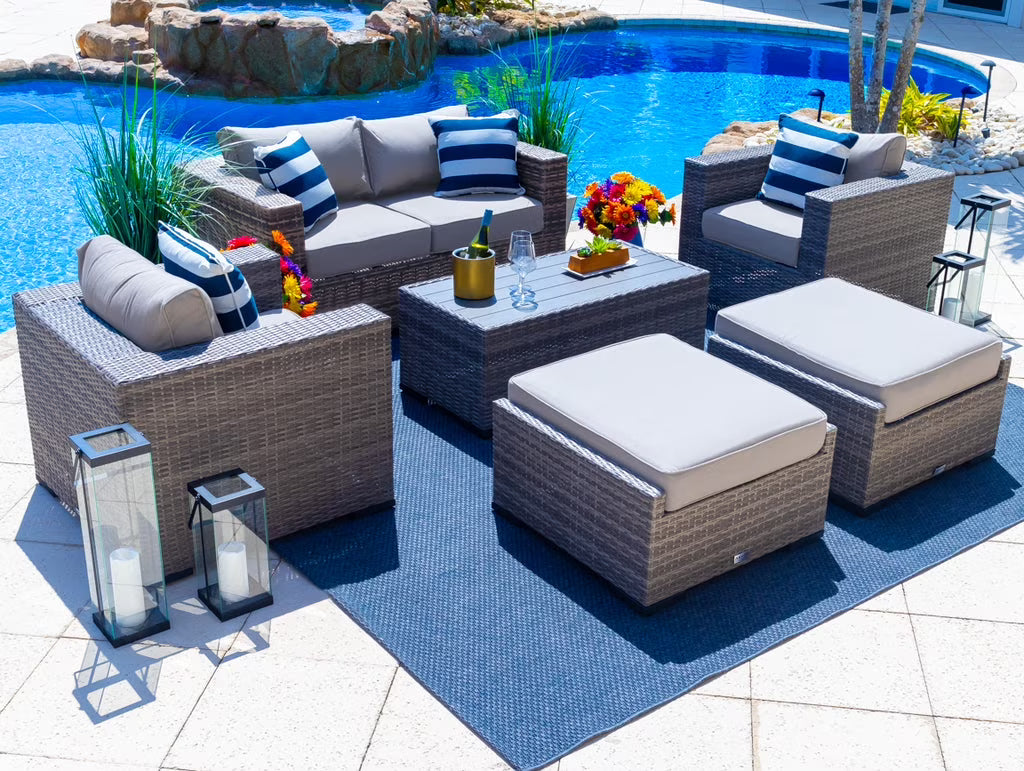 Sorrento 6-Piece M Resin Wicker Outdoor Patio Furniture Lounge Sofa Set in Gray w/Loveseat, Two Armchairs, Two Ottomans, and Coffee Table (Flat-Weave Gray Wicker, Polyester Light Gray)