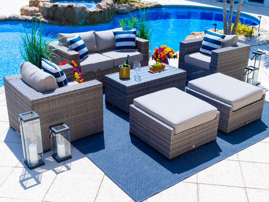 Sorrento 6-Piece M Resin Wicker Outdoor Patio Furniture Lounge Sofa Set in Gray w/Loveseat, Two Armchairs, Two Ottomans, and Coffee Table (Flat-Weave Gray Wicker, Polyester Light Gray)